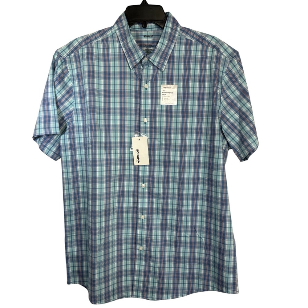 Sonoma Goods For Life Mens Performance Shirt Blue Teal Plaid Short Sleeve L NEW